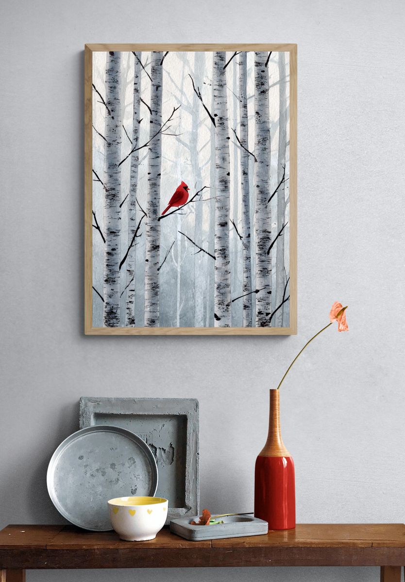 Red Cardinal Birch Forest Print. — room view 3