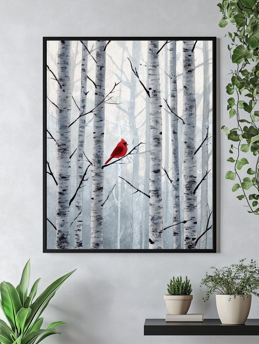 Red Cardinal Birch Forest Print. — room view 4