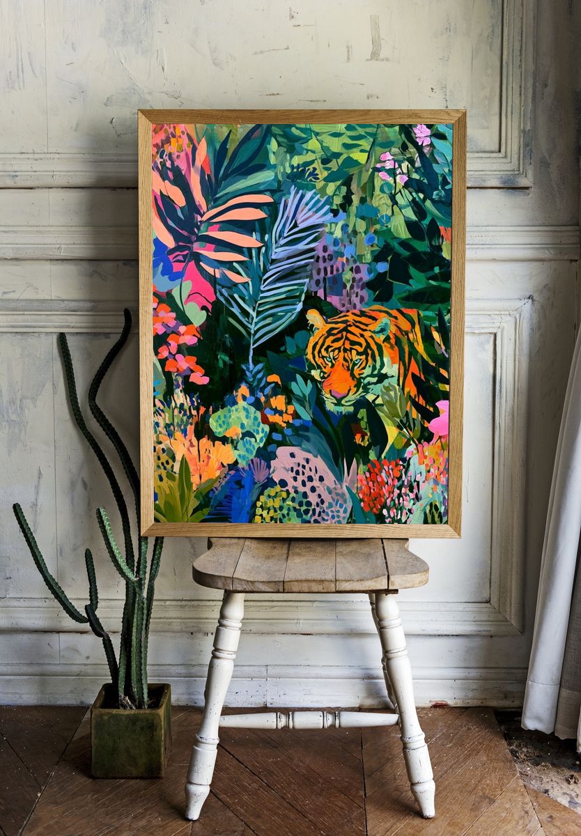 Jungle Tiger Botanical Print. room preview