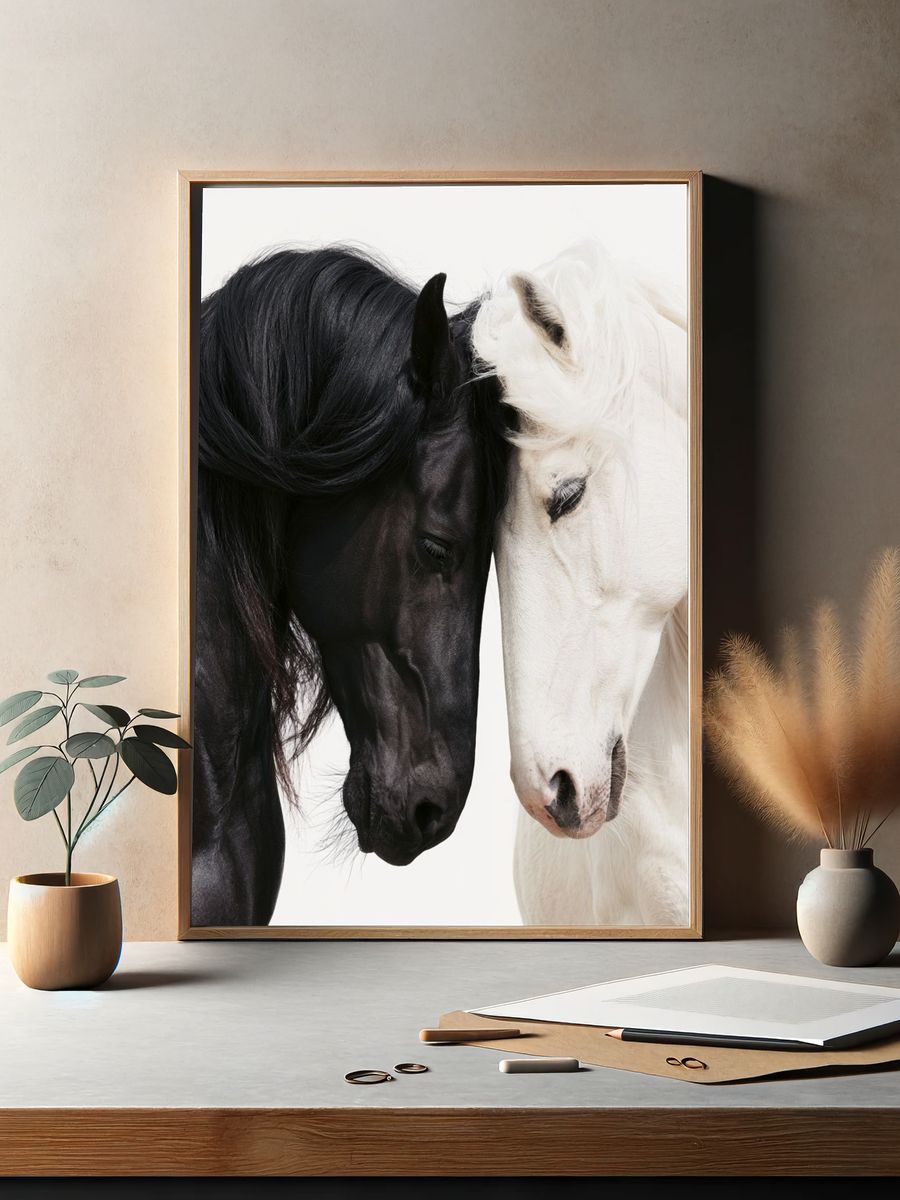 Black and White Horses Photography Poster. — room view 2