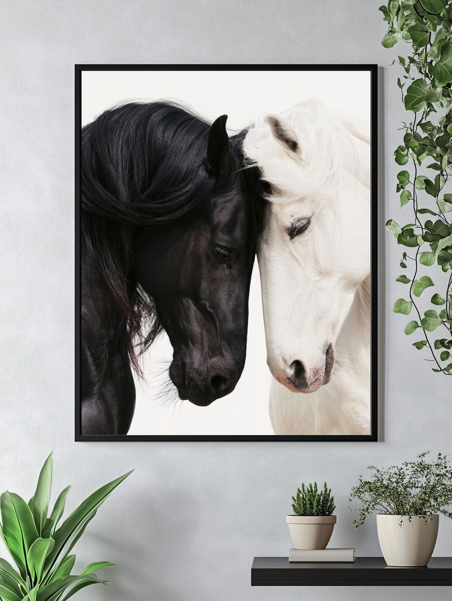 Black and White Horses Photography Poster. — room view 4