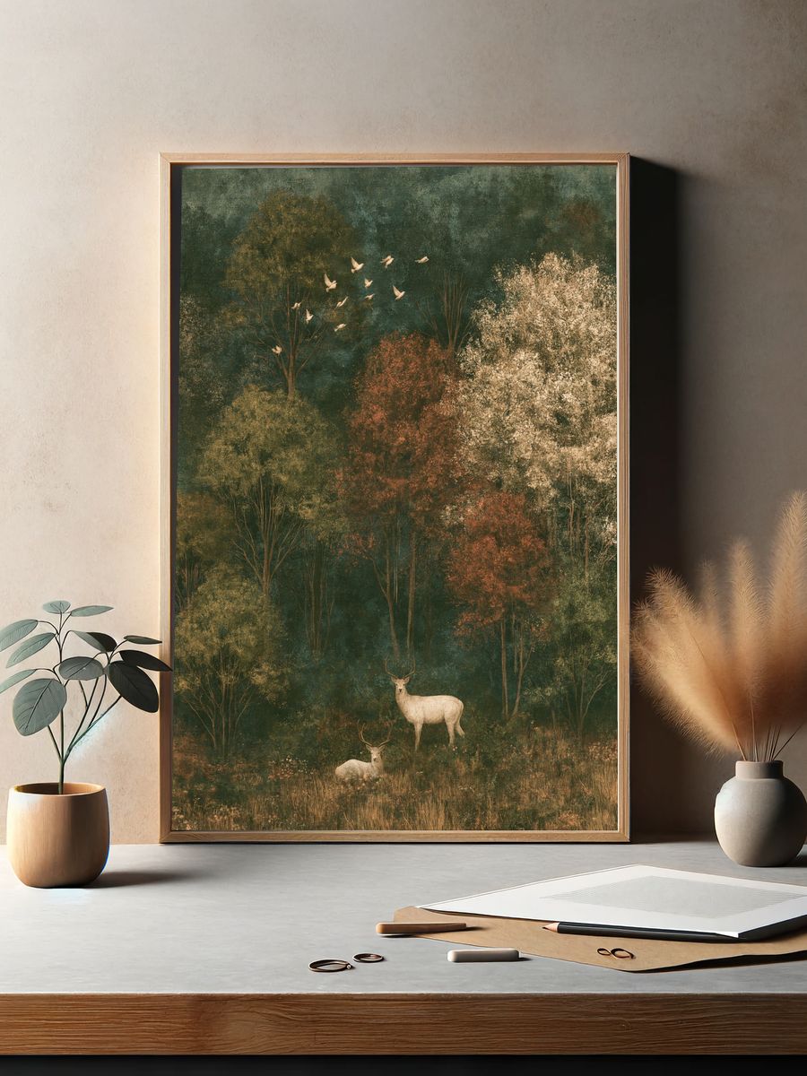 Autumn Deer Forest Print. — room view 2