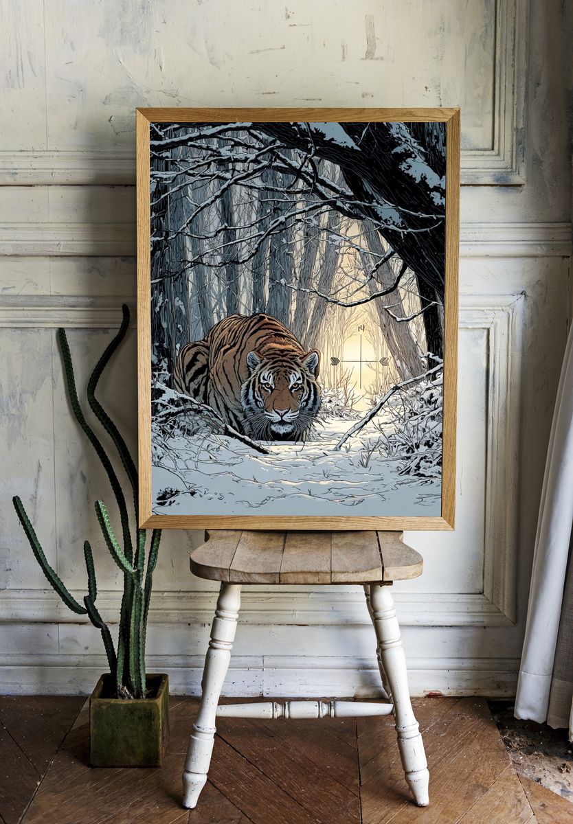 Snowy Tiger Forest Illustration Poster. — room view 1
