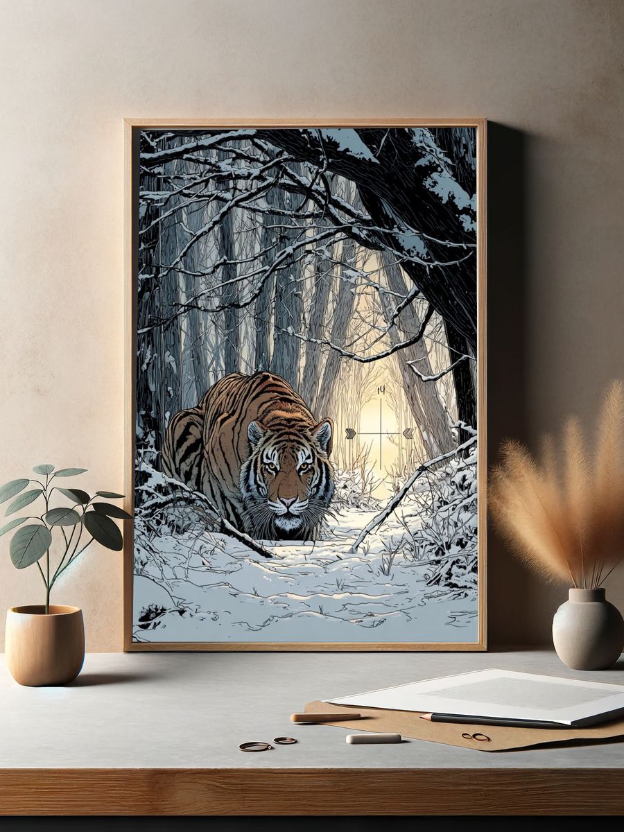 Snowy Tiger Forest Illustration Poster. — room view 2