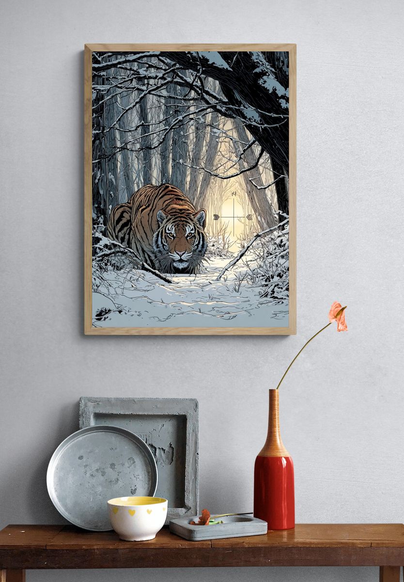 Snowy Tiger Forest Illustration Poster. — room view 3