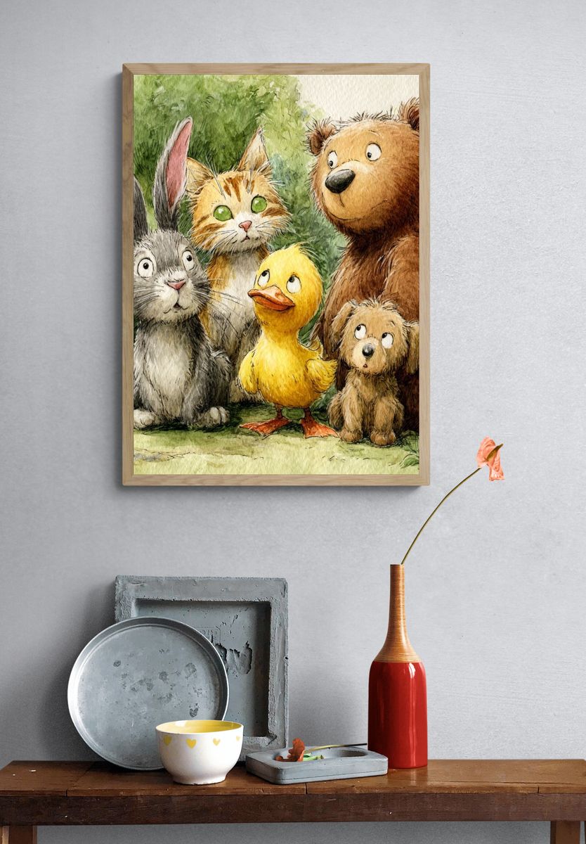 Whimsical Forest Friends Watercolor Poster. — room view 3