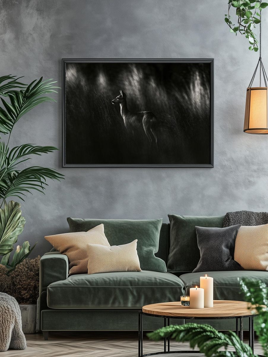 Deer in Moonlit Grass Photography Poster. — room view 4