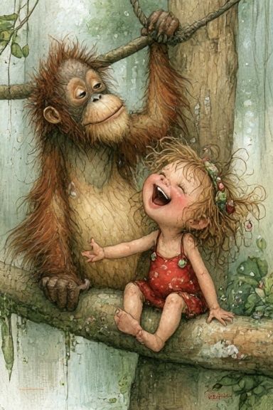 Orangutan and Child Watercolor Print. poster detail