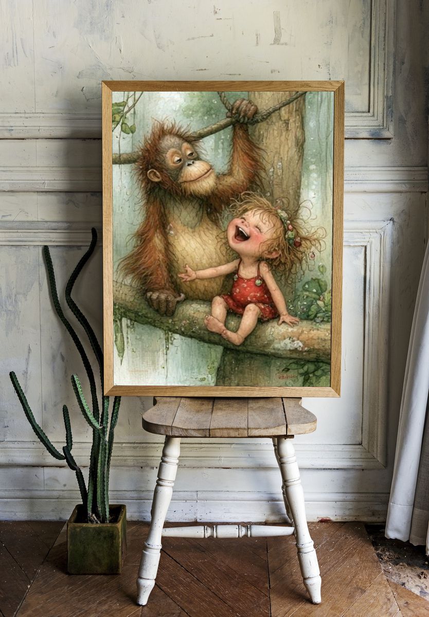 Orangutan and Child Watercolor Print. room preview