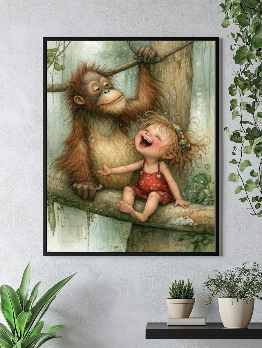 Orangutan and Child Watercolor Print. — room view 4