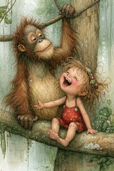 Orangutan and Child Watercolor Print.
