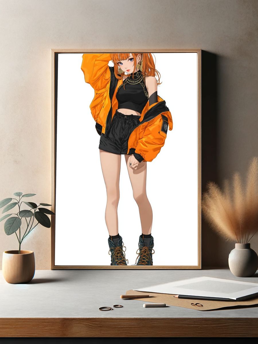 Orange Streetwear Anime Girl Poster. — room view 2