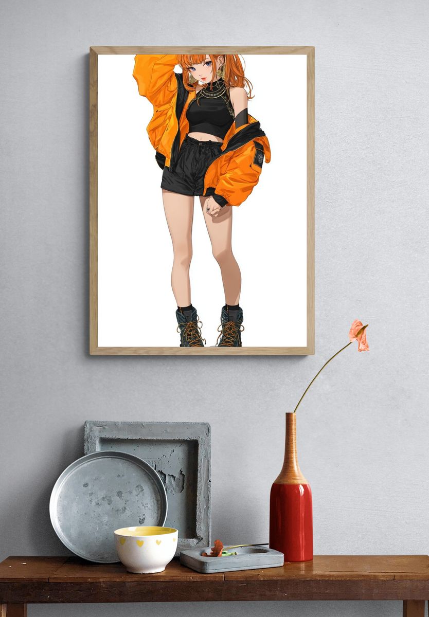 Orange Streetwear Anime Girl Poster. — room view 3