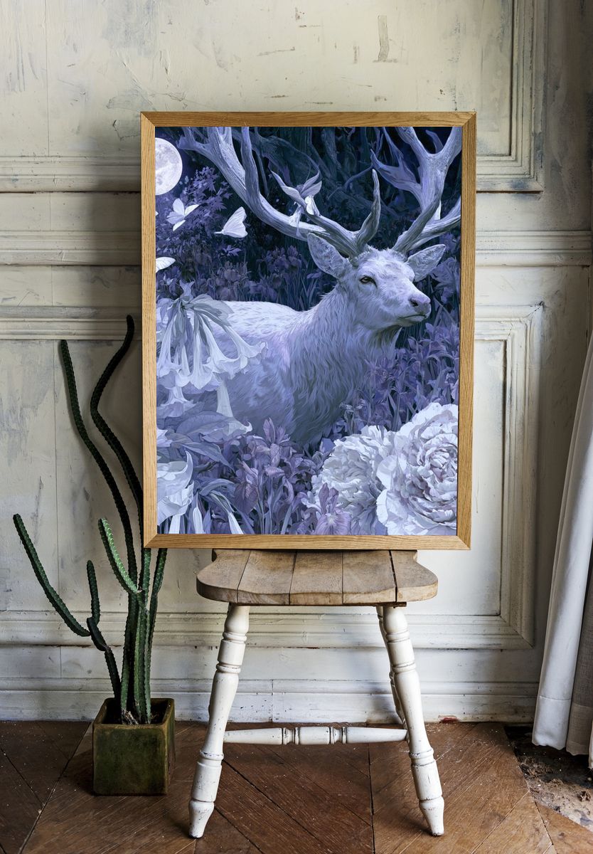 Moonlit Stag Floral Fantasy Print. room preview