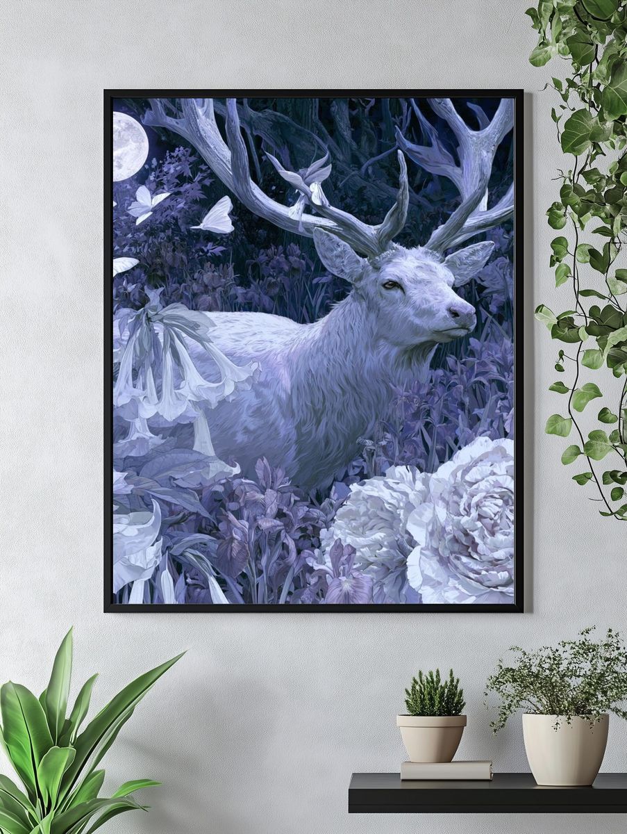 Moonlit Stag Floral Fantasy Print. — room view 4