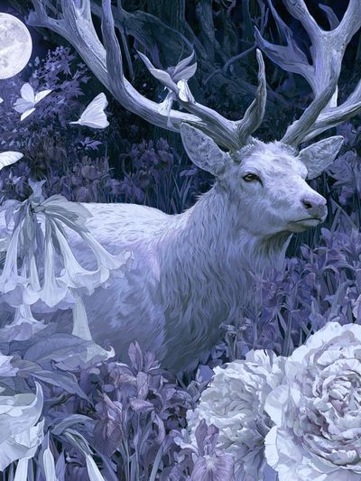 Moonlit Stag Floral Fantasy Print.