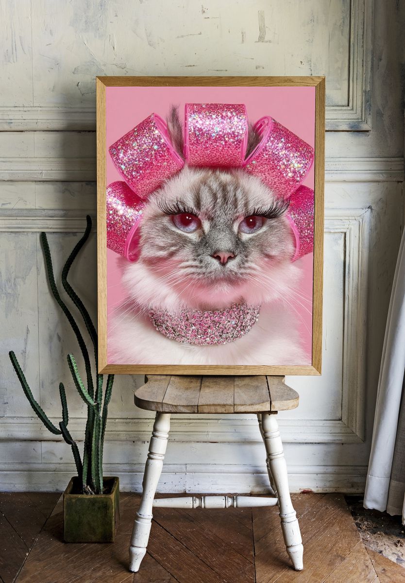 Glitter Cat Portrait Print. room preview