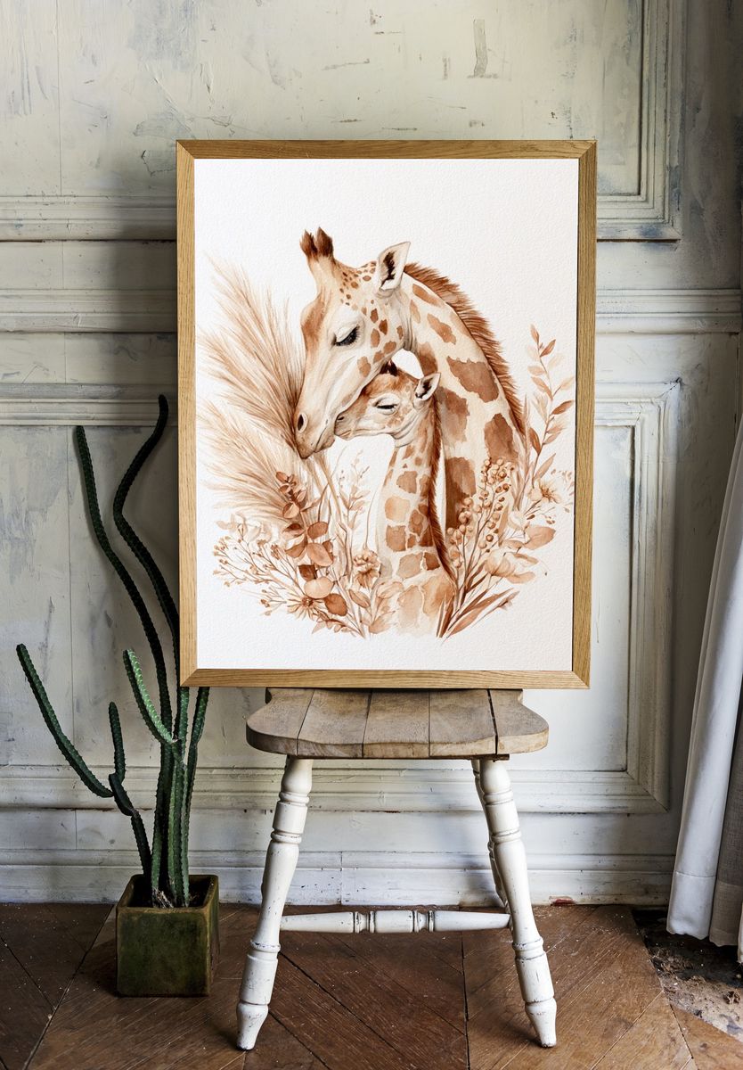 Giraffe Mother and Calf Watercolor Poster. room preview