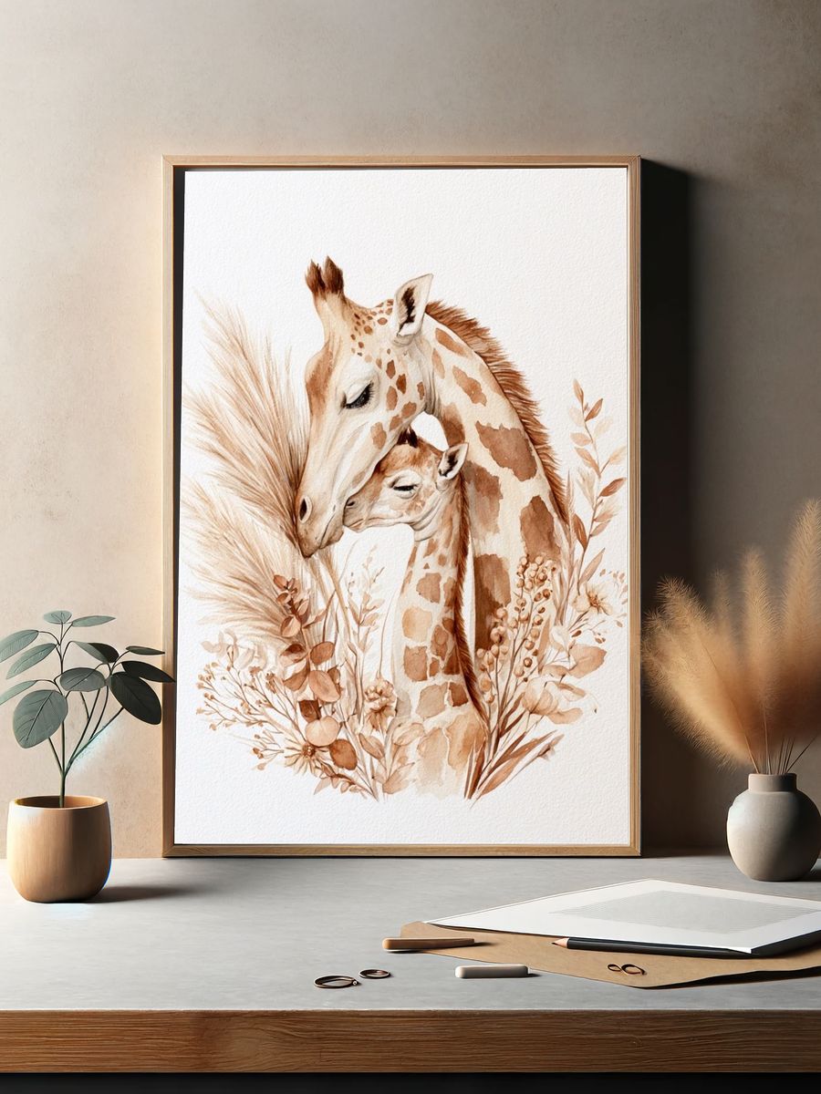 Giraffe Mother and Calf Watercolor Poster. — room view 2