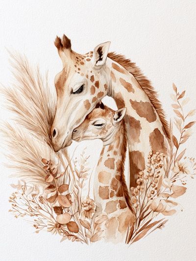 Giraffe Mother and Calf Watercolor Poster.