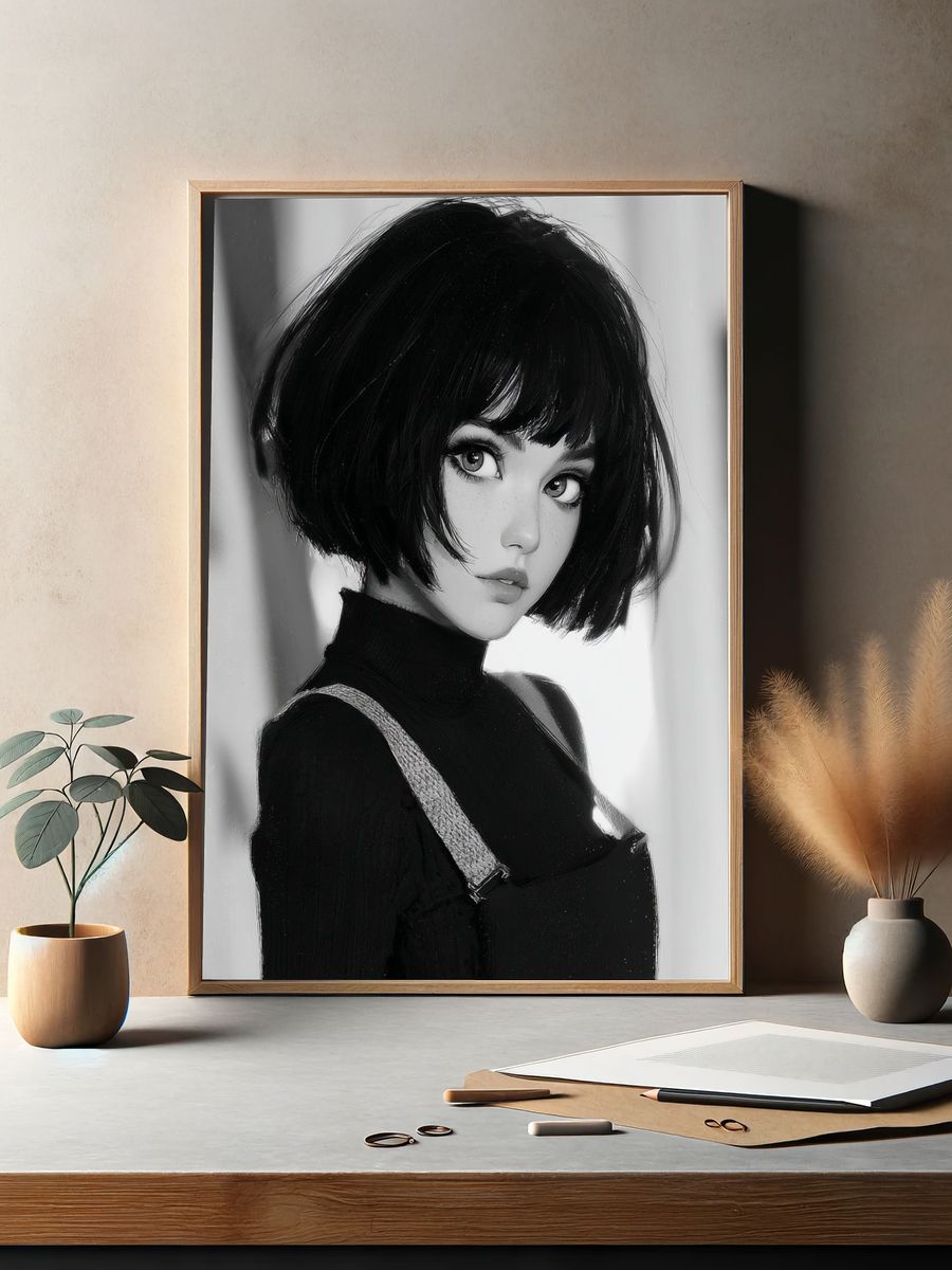 Anime Portrait Black-White Poster. — room view 2