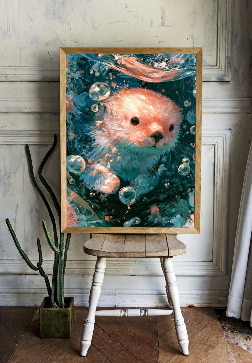 Otter Underwater Illustration Poster. — room view 1