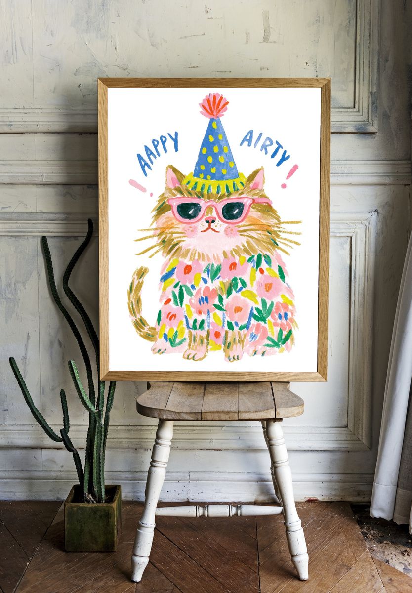 Party Cat Watercolor Print. room preview