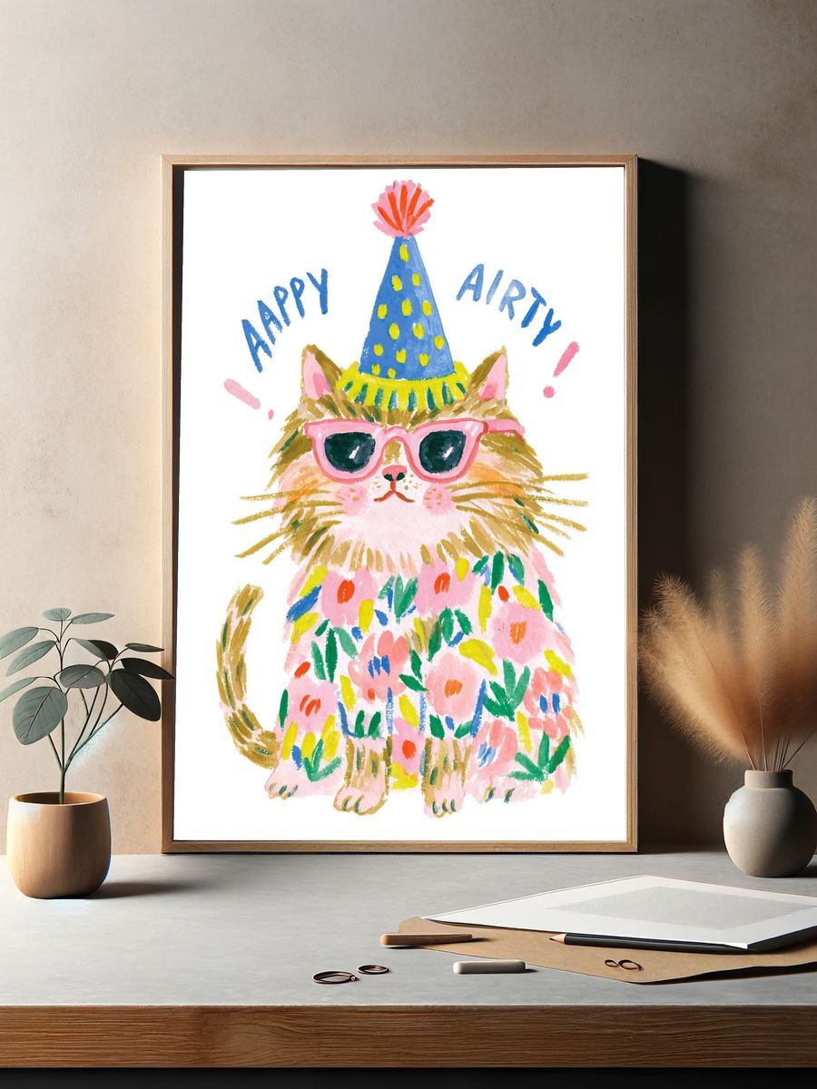 Party Cat Watercolor Print. — room view 2