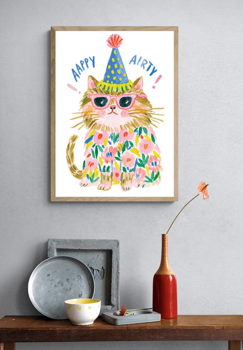 Party Cat Watercolor Print. — room view 3