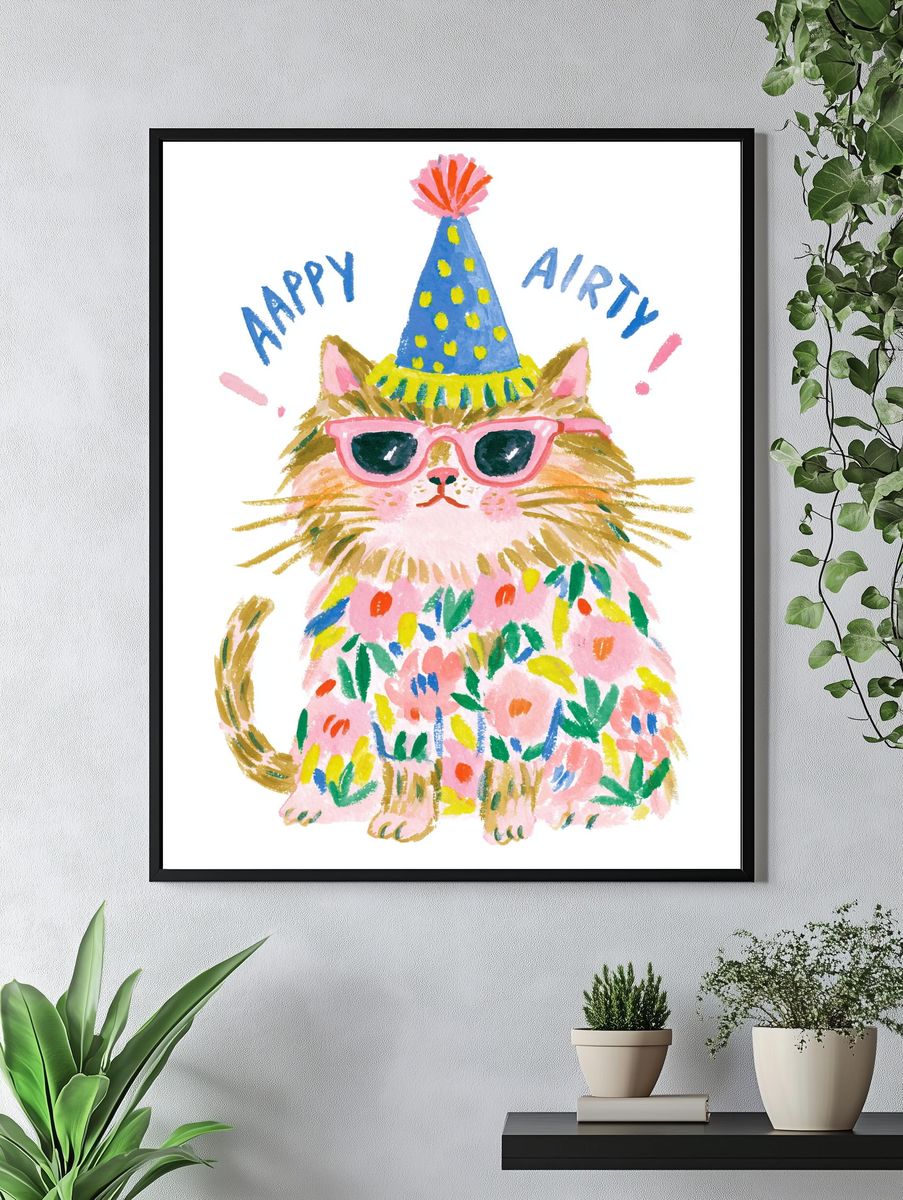 Party Cat Watercolor Print. — room view 4
