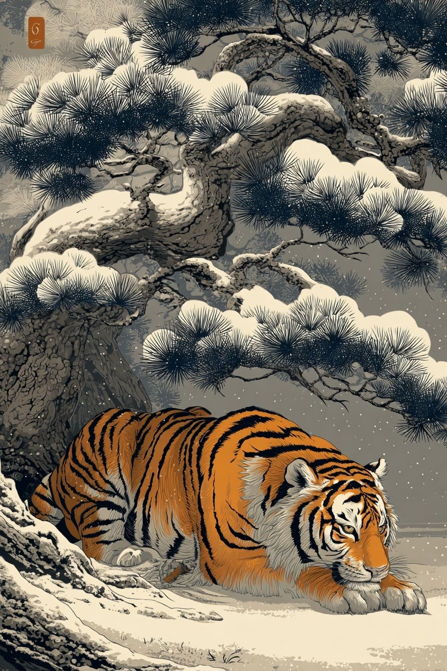 Snow Tiger Japanese Illustration Poster. poster detail
