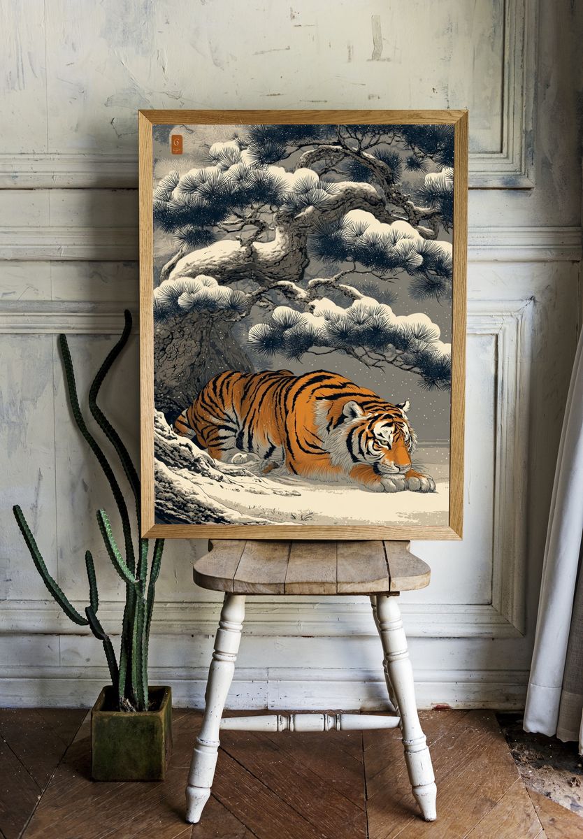 Snow Tiger Japanese Illustration Poster. — room view 1