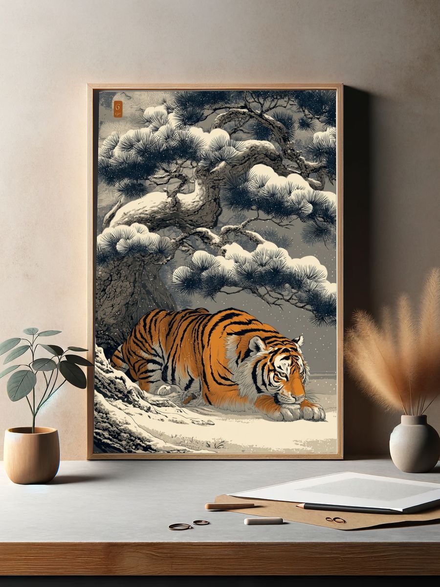 Snow Tiger Japanese Illustration Poster. — room view 2