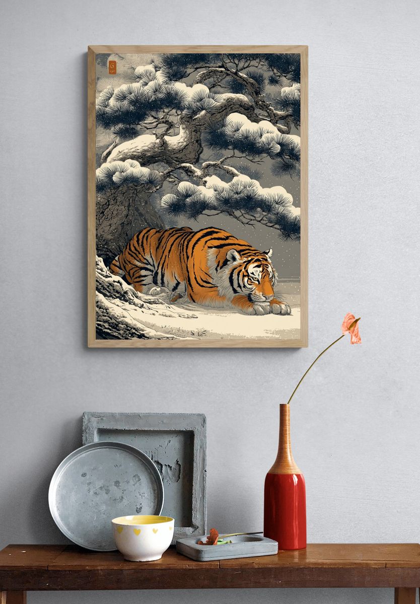 Snow Tiger Japanese Illustration Poster. — room view 3