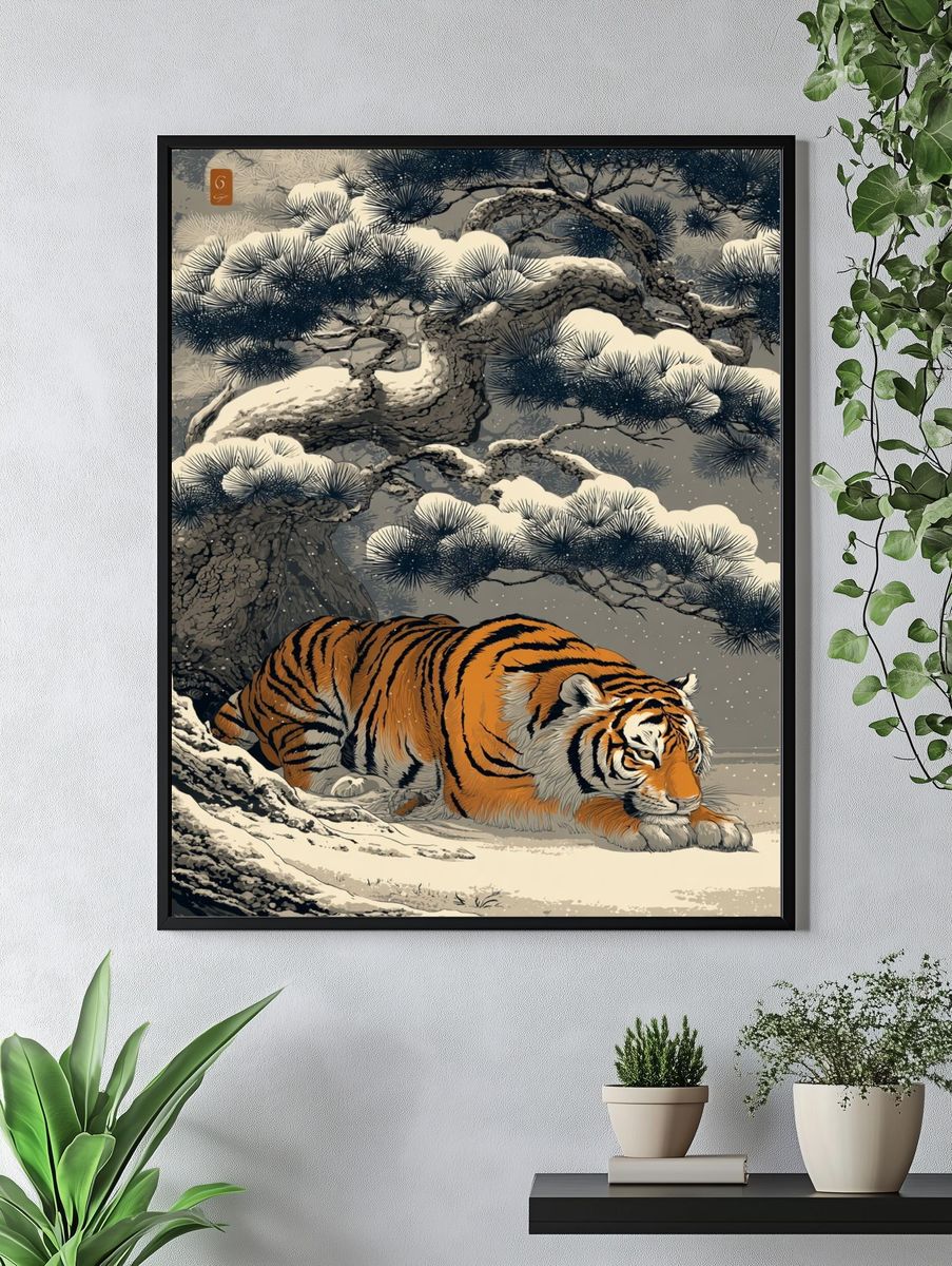 Snow Tiger Japanese Illustration Poster. — room view 4