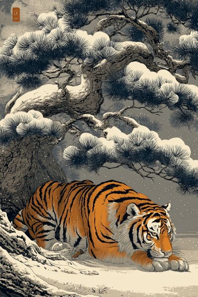 Snow Tiger Japanese Illustration Poster. poster