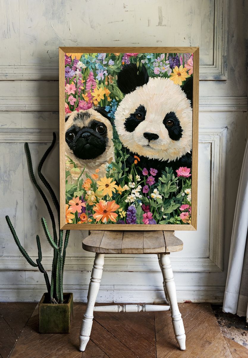 Panda and Pug Floral Illustration Poster. — room view 1