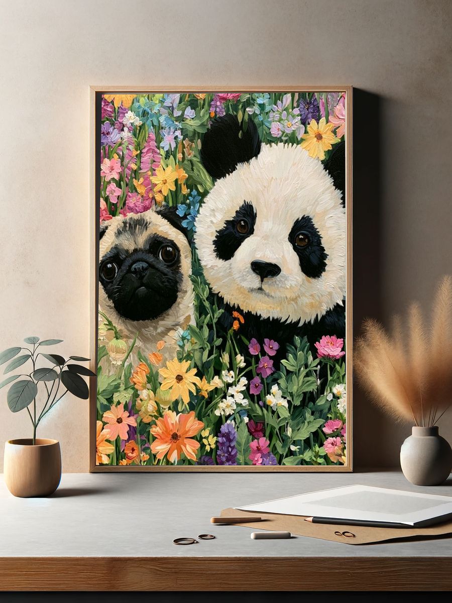 Panda and Pug Floral Illustration Poster. — room view 2