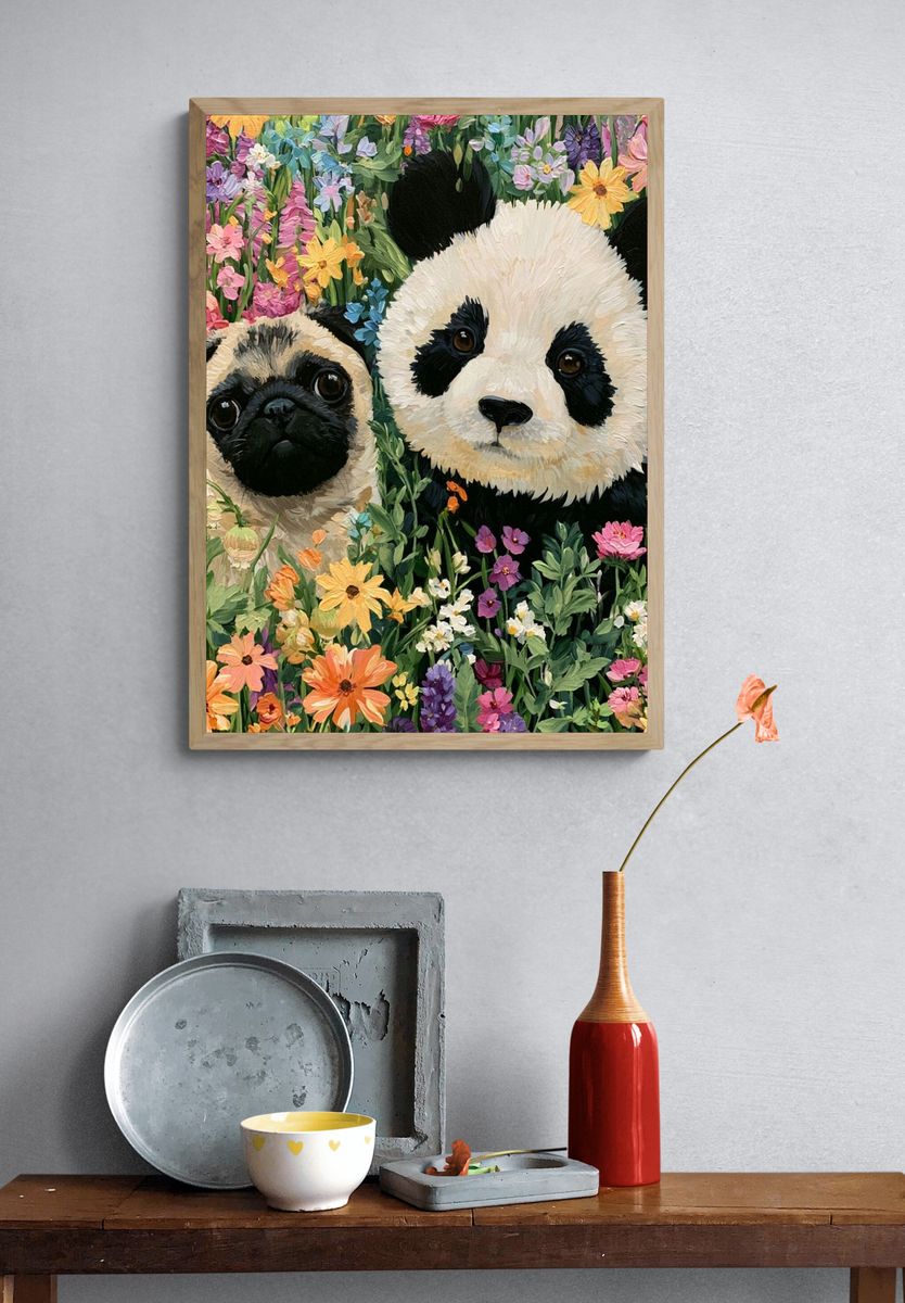 Panda and Pug Floral Illustration Poster. — room view 3