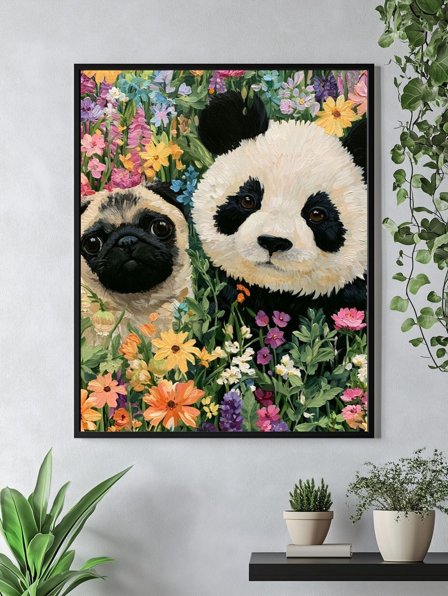 Panda and Pug Floral Illustration Poster. — room view 4