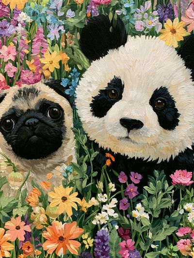 Panda and Pug Floral Illustration Poster.