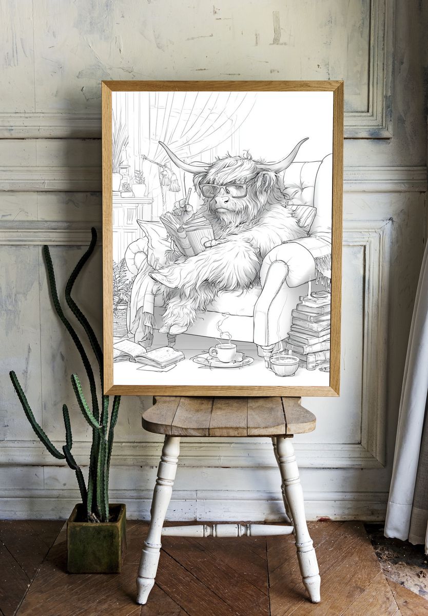 Cozy Highland Cow Reading Poster. room preview