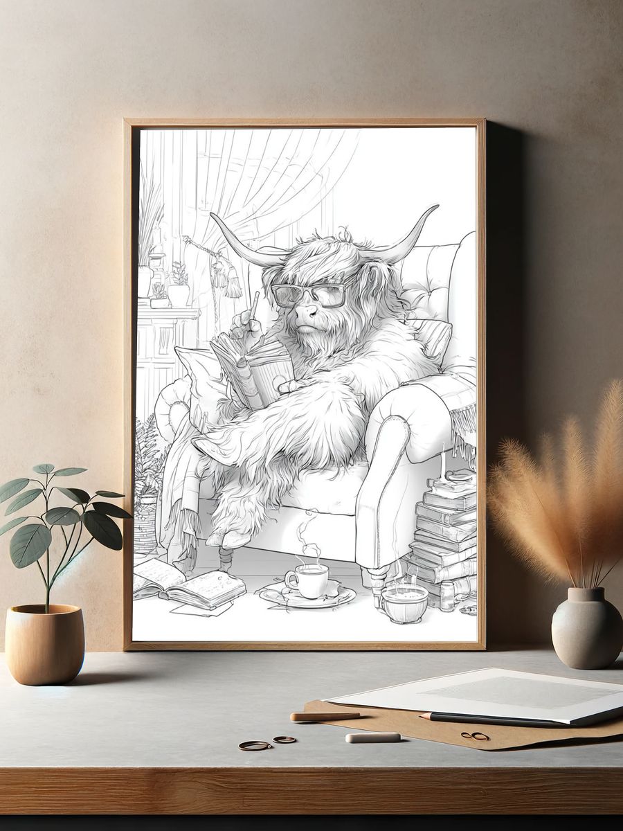 Cozy Highland Cow Reading Poster. — room view 2