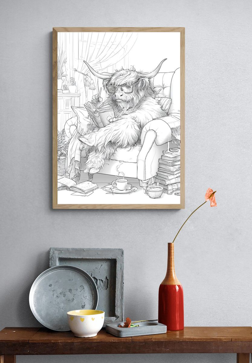 Cozy Highland Cow Reading Poster. — room view 3