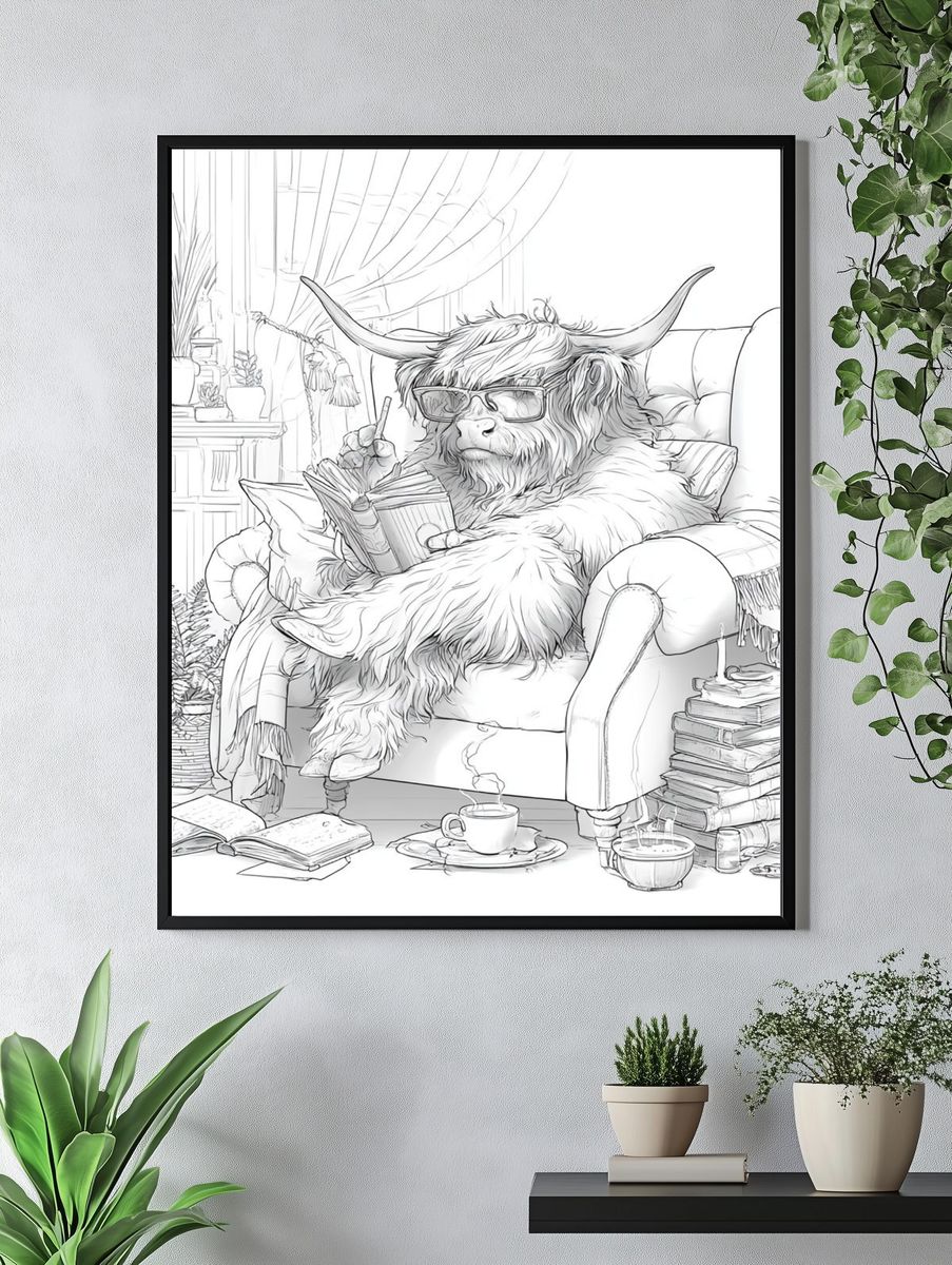 Cozy Highland Cow Reading Poster. — room view 4