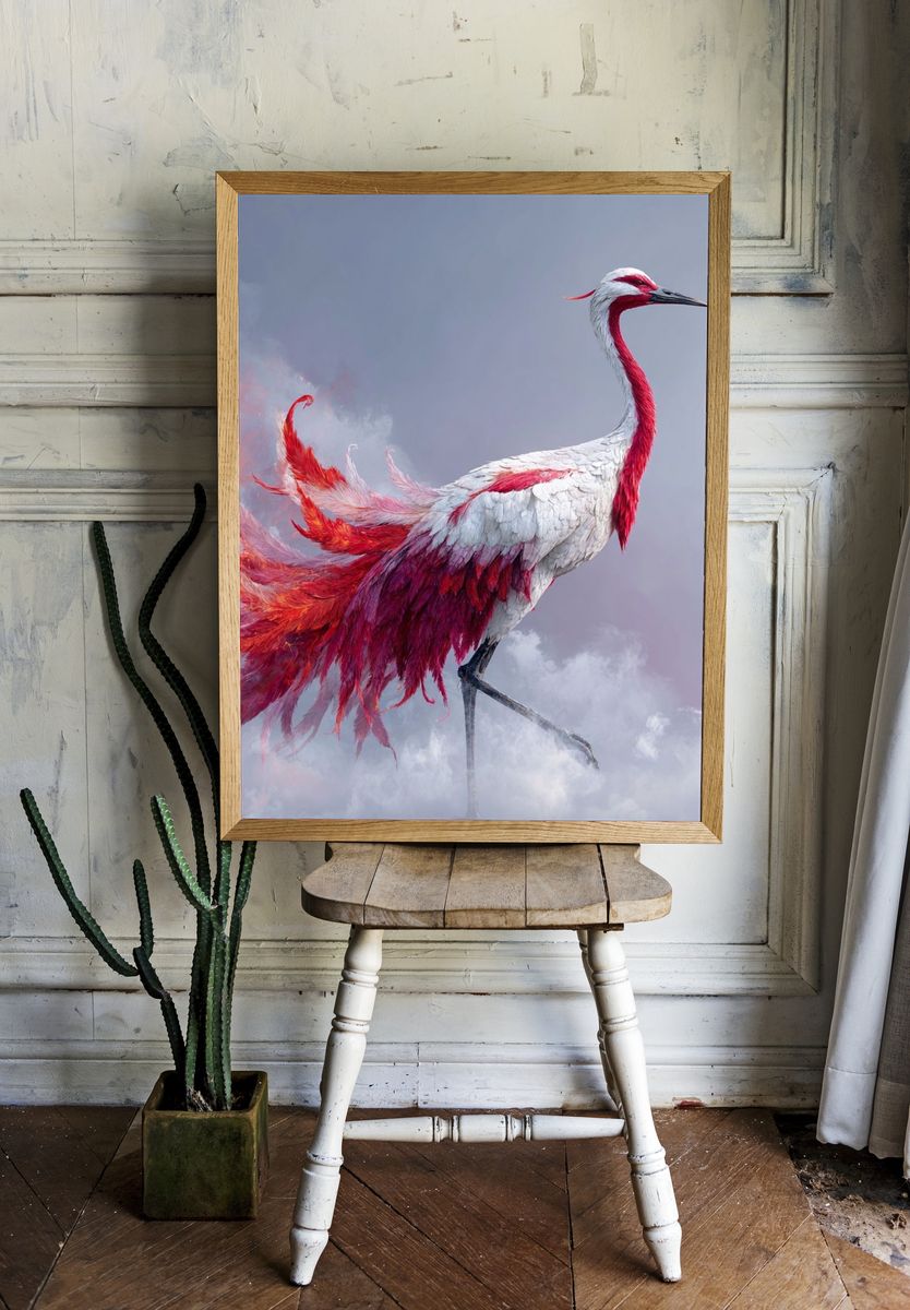Crimson Crane Fantasy Print. — room view 1
