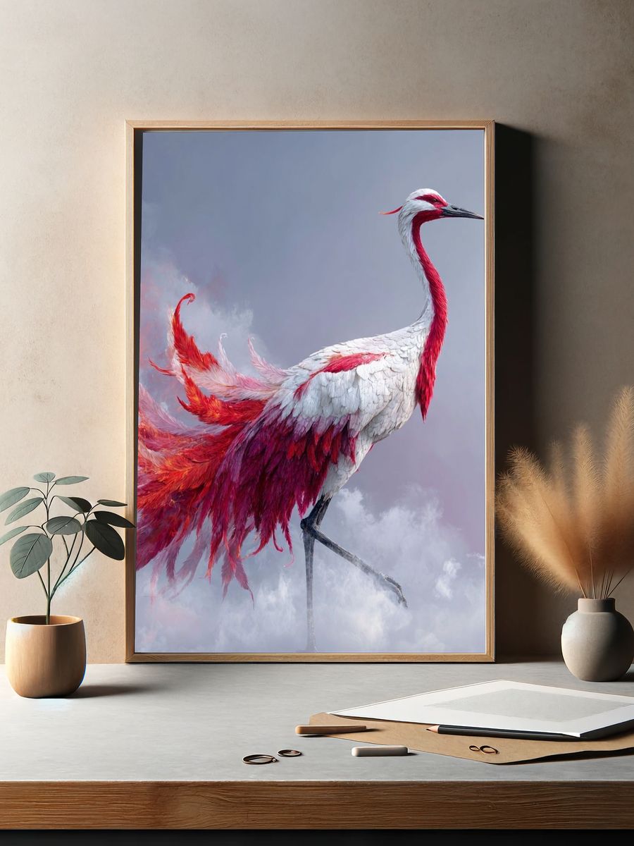 Crimson Crane Fantasy Print. — room view 2