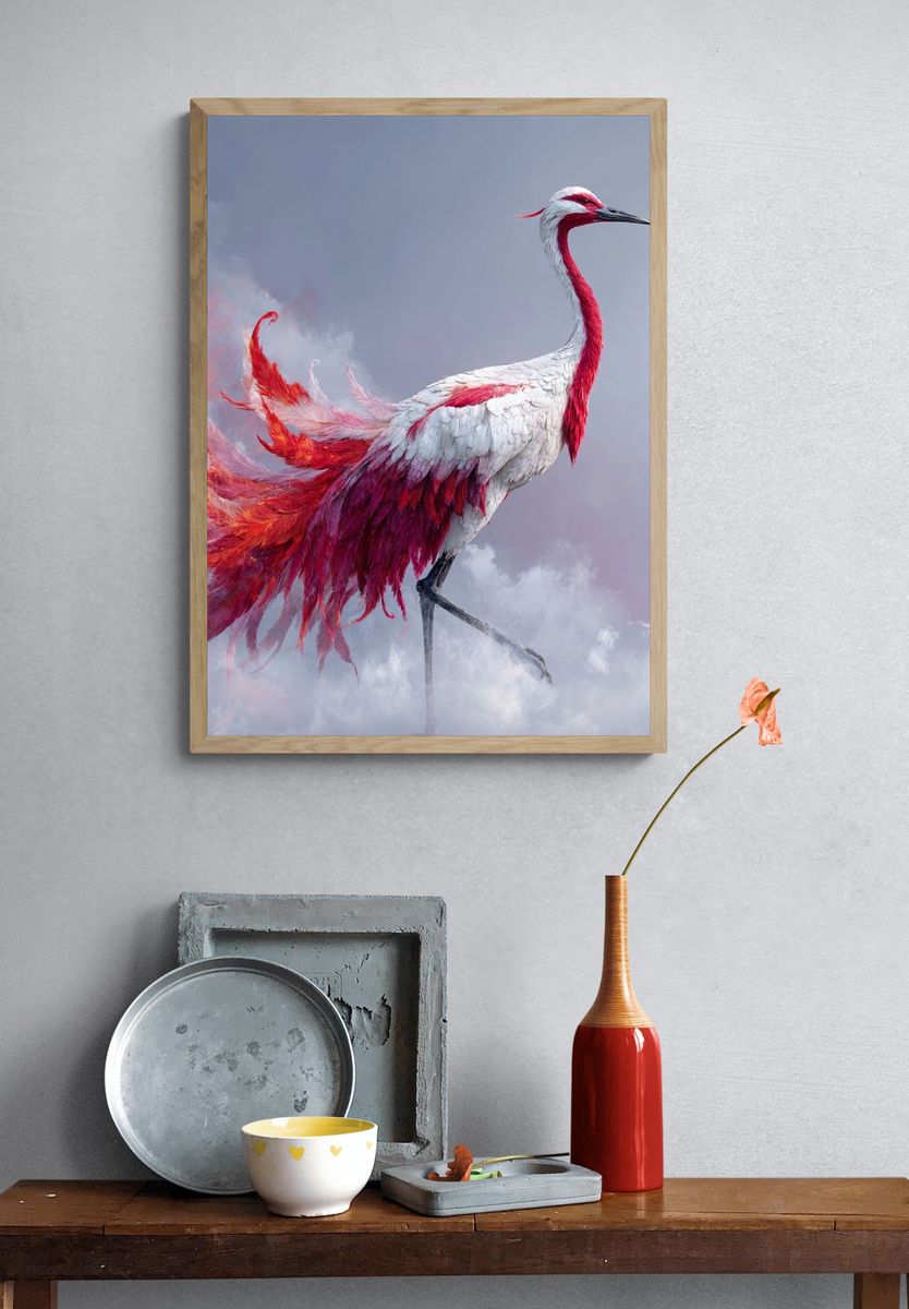 Crimson Crane Fantasy Print. — room view 3