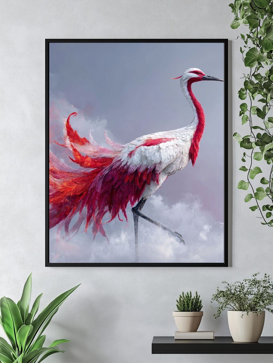 Crimson Crane Fantasy Print. — room view 4