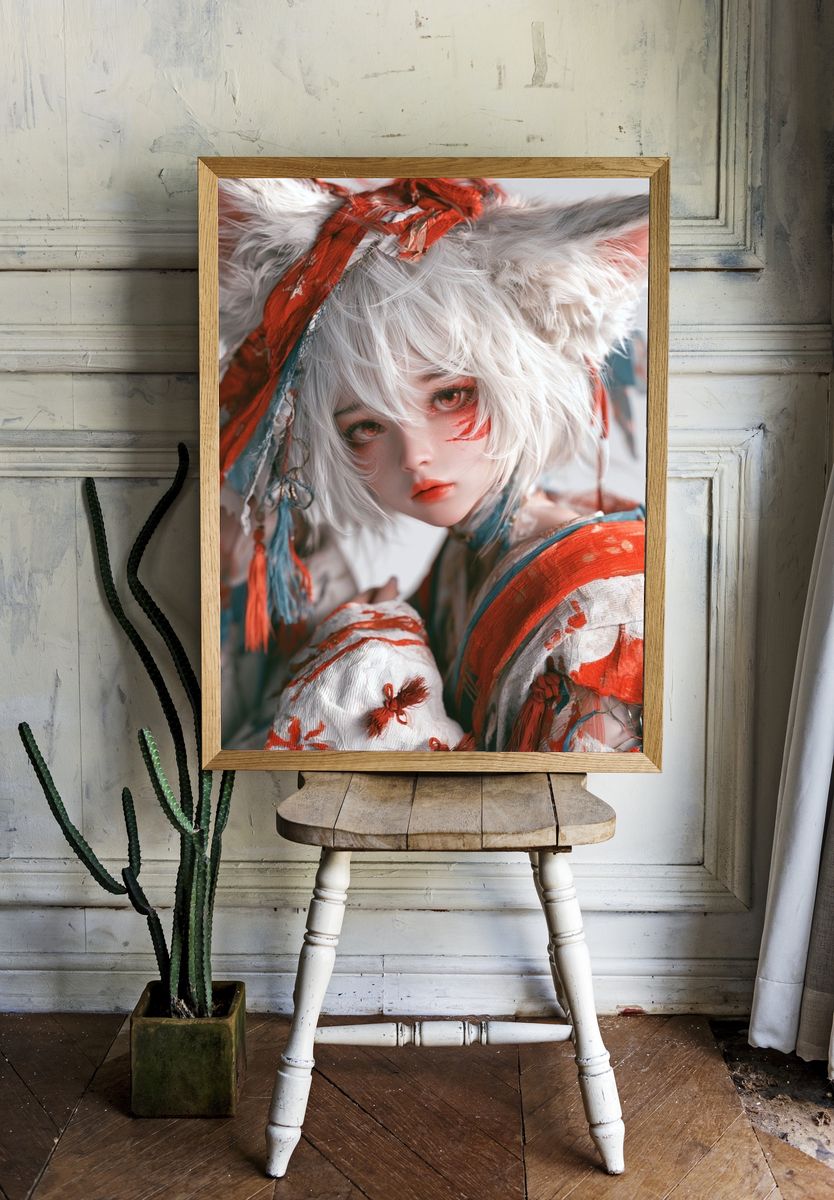 White Fox Girl Digital Art Print. room preview